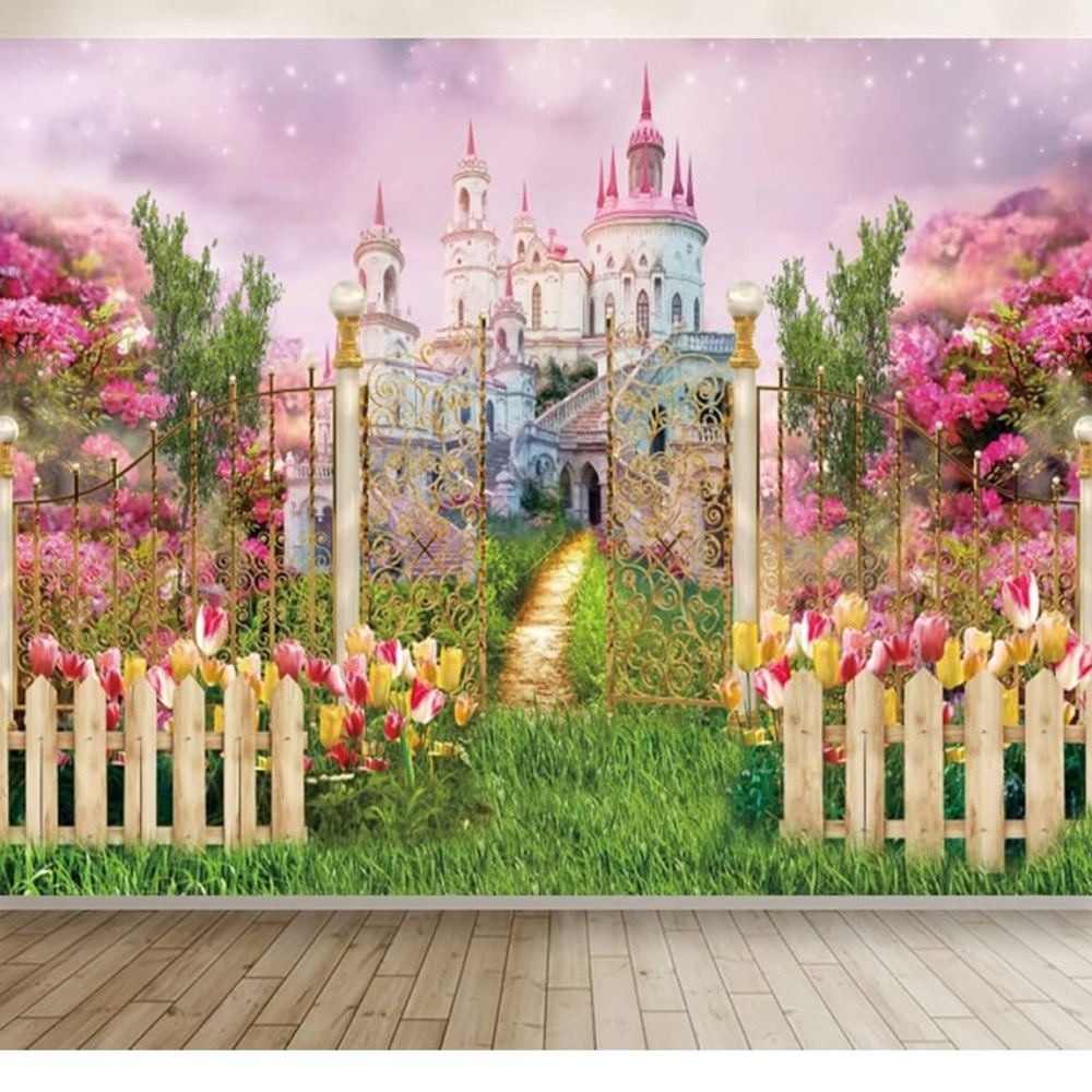 Enchanted Castle Wall Mural in Pink and Green backdrop
